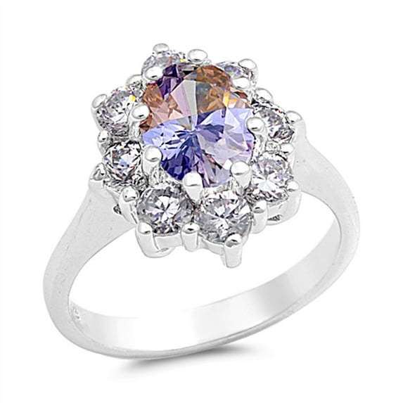Oval Flower Cluster Multi-color CZ Halo Ring .925 Sterling Silver Band Jewelry Female Size 9