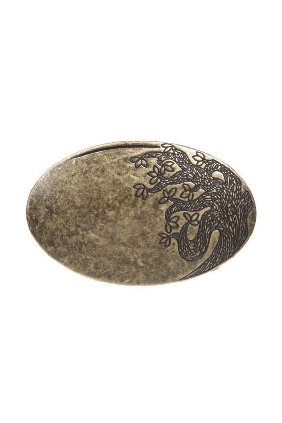 Oval Flower Tree Engraving Brass Belt Buckle