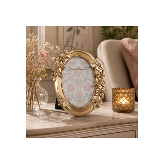 Oval Flower and Butterfly Photo Frame for Living Room Decor - Picture Frame for Console Table, Office Desk, and Home Decor - 7", Gold