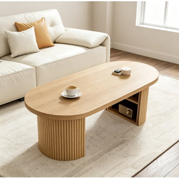 Oval Fluted Coffee Table, 47" Farmhouse Wood Coffee Table, Mid Century Modern Center Table, Boho Living Room Table for Living Room, Office, Natural