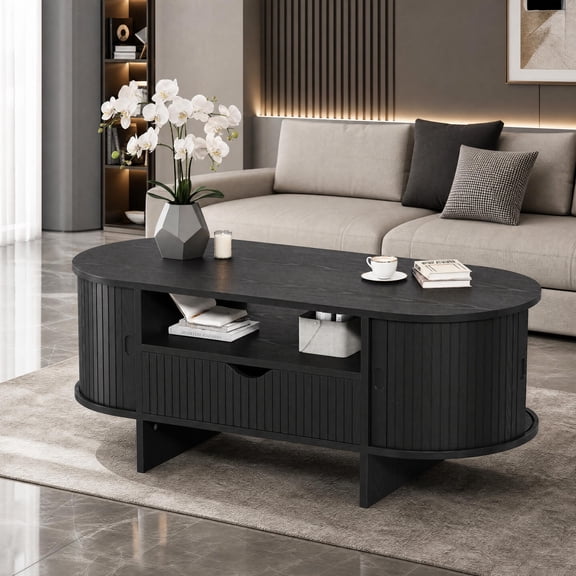 Oval Fluted Coffee Table, 47 Inch Wood Center Table with Pull Out Drawer and Side Cabinets for Living Room, Wooden Cocktail Table