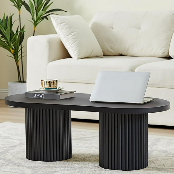 Oval Fluted Coffee Table, Farmhouse Wood Coffee Table Mid Century Modern Center Table Boho Living Room Tables for Living Room Office (Black, 19.69" D x 39.38" W x 13.78" H)