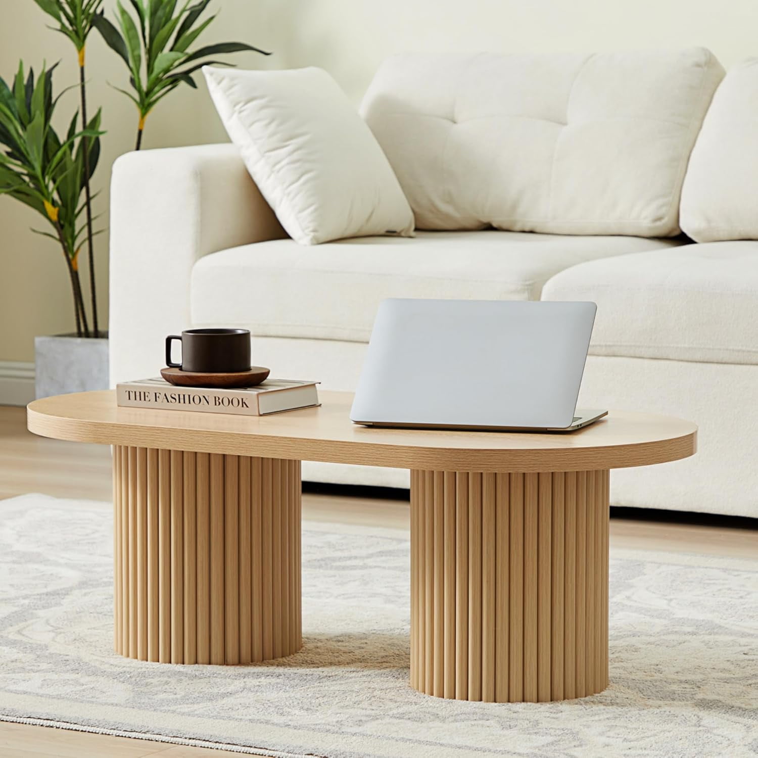 Oval Fluted Coffee Table, Farmhouse Wood Coffee Table Mid Century ...