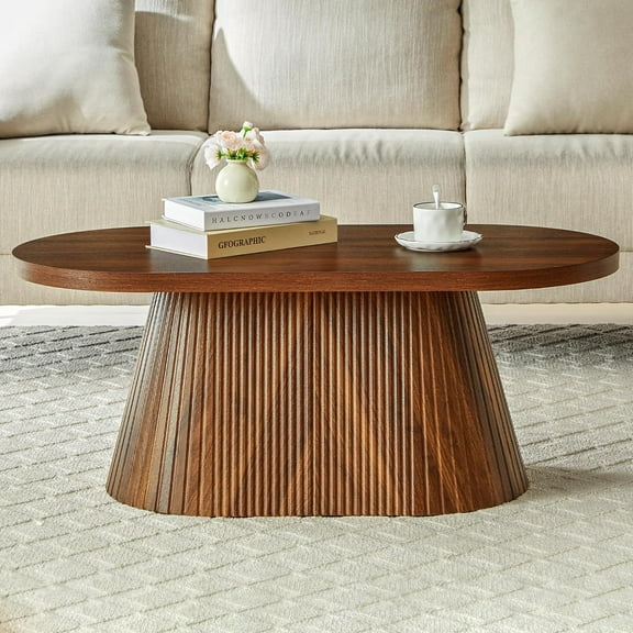 Oval Fluted Coffee Table with Sturdy Tapered Base, Wood Small Coffee Table, Mid Century Modern Center Table for Living Room Office (Walnut)