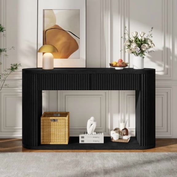 Oval Fluted Console Table with 2 Drawers & Bottom Shelf, Wood Entryway Table with Smooth Metal Slides, for Living Room, Hallway, Black