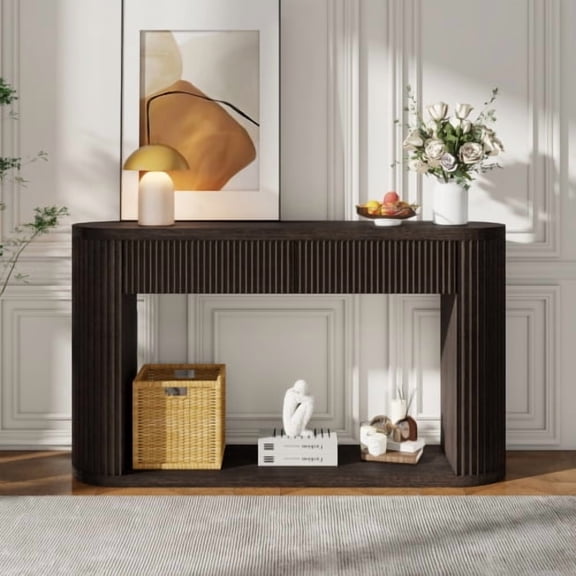 Oval Fluted Console Table with 2 Drawers & Bottom Shelf, Wood Entryway Table with Smooth Metal Slides, for Living Room, Hallway, Espresso