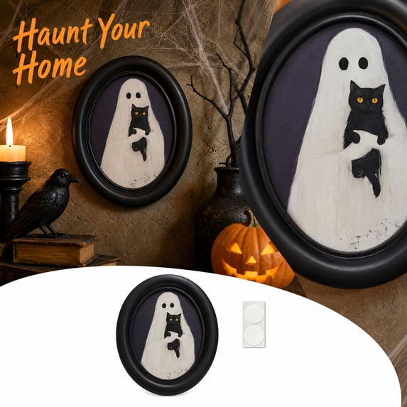 Oval Framed Ghost Art with Black Cat Print, Spooky Gothic Wall Decoration for Home, Rustic Halloween Hanging Decor