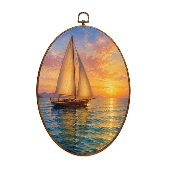 Oval Framed Wall Art Abstract Sailboat Ocean Boat Canvas Wall Art Oval Vintage Wall Decor Prints Hanging Decor for Home Bedroom Living Room Office 8"x11.4"