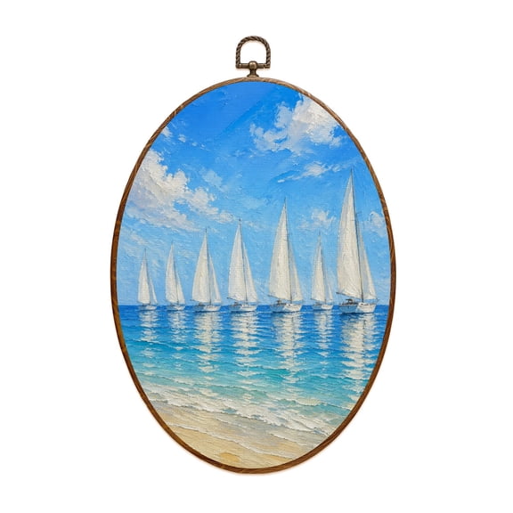 Oval Framed Wall Art Beach Coastal Sailboat Canvas Wall Art Oval Vintage Wall Decor Prints Hanging Decor for Home Bedroom Living Room Office 8"x11.4"
