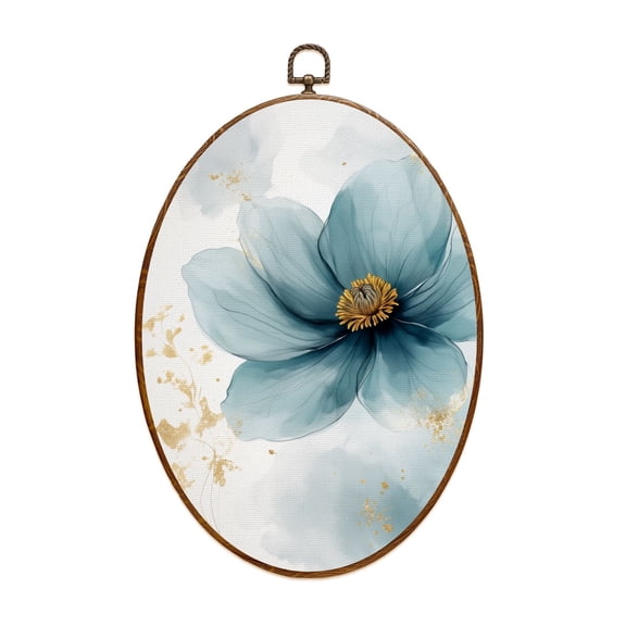 Oval Framed Wall Art Blue Abstract Teal Watercolor Spring Flower Floral Modern Gold Accents Canvas Wall Art Oval Vintage Wall Decor Prints Hanging Decor for Home Bedroom Living Room Office 8"x11.4"