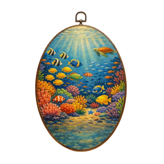 Oval Framed Wall Art Colorful Coral Fish Sea Turtle Underwater Cartoon Vibrant Tropical Canvas Wall Art Oval Vintage Wall Decor Prints Hanging Decor for Home Bedroom Living Room Office 8"x11.4"