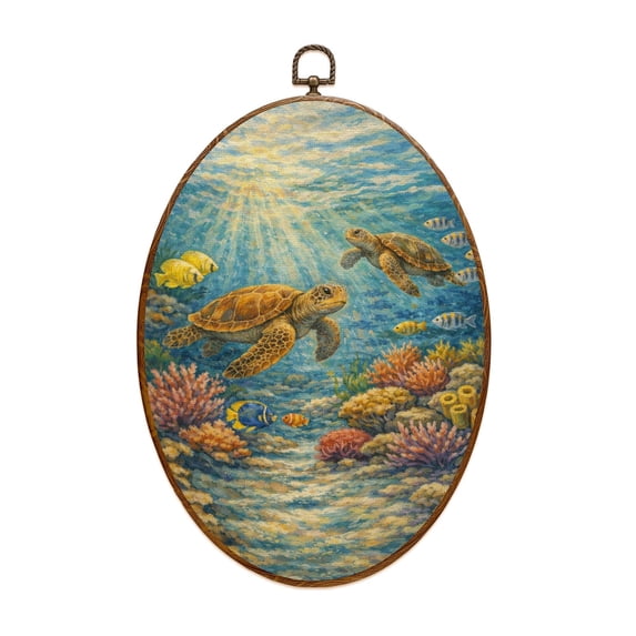 Oval Framed Wall Art Colorful Underwater Scene Sea Turtles Tropical Fish Vibrant Coral Canvas Wall Art Oval Vintage Wall Decor Prints Hanging Decor for Home Bedroom Living Room Office 8"x11.4"