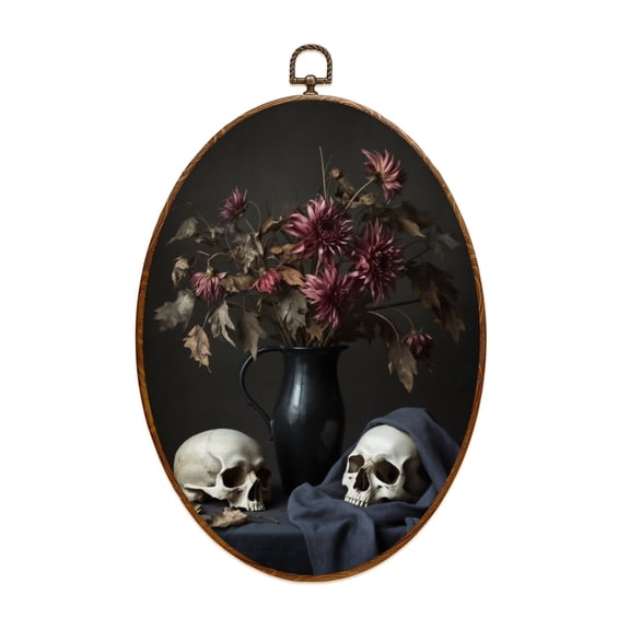 Oval Framed Wall Art Dark Academia Skull Rose Victorian Gothic Moody Aesthetic Horror Canvas Wall Art Oval Vintage Wall Decor Prints Hanging Decor for Home Bedroom Living Room Office 8"x11.4"