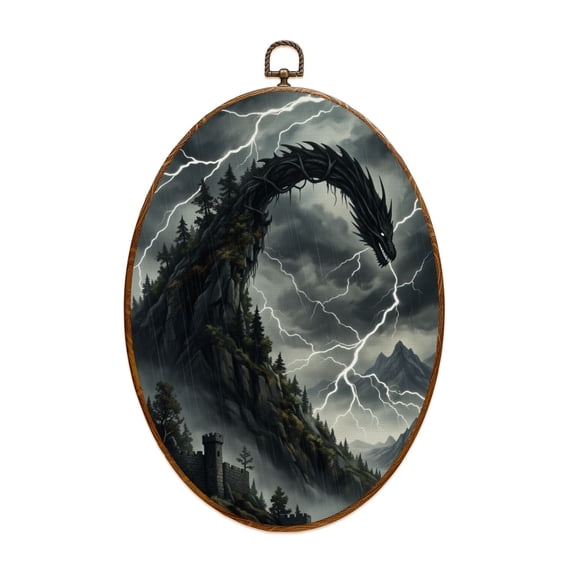 Oval Framed Wall Art Dragon Shaped Crag Ruined Monochromatic Art Canvas Wall Art Oval Vintage Wall Decor Prints Hanging Decor for Home Bedroom Living Room Office 8"x11.4"