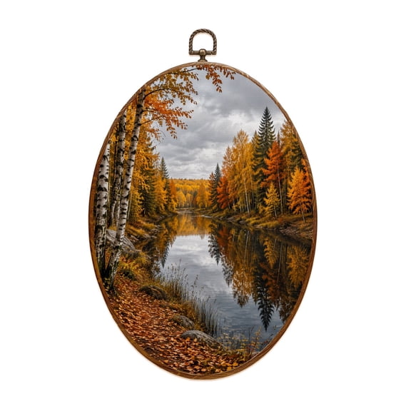 Oval Framed Wall Art Fall Autumn Forest Reflective River Birch Trees Canvas Wall Art Oval Vintage Wall Decor Prints Hanging Decor for Home Bedroom Living Room Office 8"x11.4"