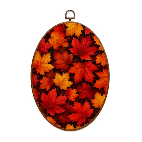 Oval Framed Wall Art Fall Autumn Maple Leaves Vibrant Red Orange Tones Canvas Wall Art Oval Vintage Wall Decor Prints Hanging Decor for Home Bedroom Living Room Office 8"x11.4"