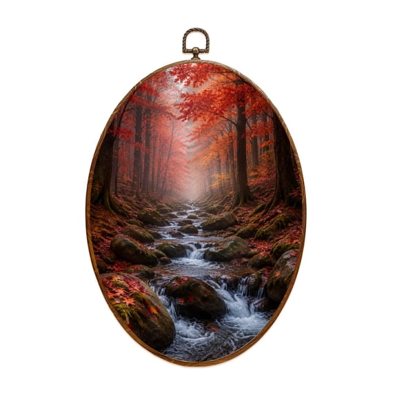 Oval Framed Wall Art Fall Serene Forest Stream Autumn Red Maple Leaves Mossy Rocks Canvas Wall Art Oval Vintage Wall Decor Prints Hanging Decor for Home Bedroom Living Room Office 8"x11.4"