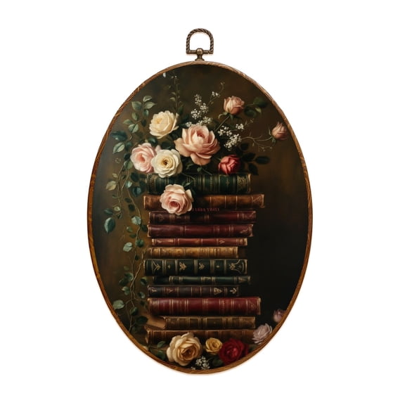 Oval Framed Wall Art Flowers Books Dark Academia Wildflowers Botanical Book Dark Wooden Canvas Wall Art Oval Vintage Wall Decor Prints Hanging Decor for Home Bedroom Living Room Office 8"x11.4"