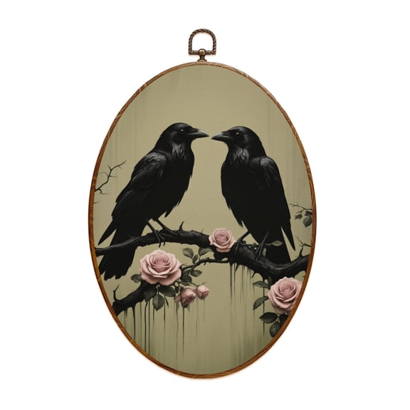 Oval Framed Wall Art Gothic Black Crow Raven Rose Dark Romance Cottagecore Moody Academia Canvas Wall Art Oval Vintage Wall Decor Prints Hanging Decor for Home Bedroom Living Room Office 8"x11.4"