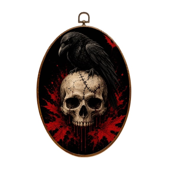 Oval Framed Wall Art Halloween Dark Gothic Raven Cracked Skull Red Blood Splatter Maple Canvas Wall Art Oval Vintage Wall Decor Prints Hanging Decor for Home Bedroom Living Room Office 8"x11.4"