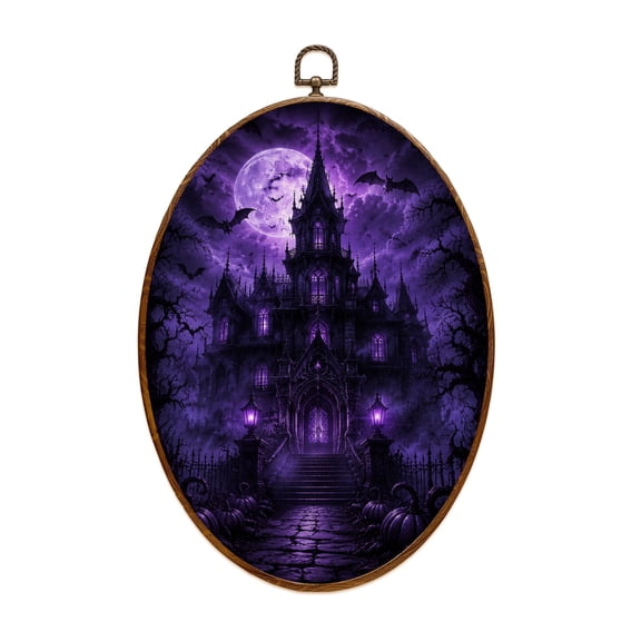 Oval Framed Wall Art Halloween Gothic Haunted Castle Purple Sky Bats Canvas Wall Art Oval Vintage Wall Decor Prints Hanging Decor for Home Bedroom Living Room Office 8"x11.4"