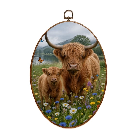 Oval Framed Wall Art Highland Cow Rustic Farmhouse Canvas Wall Art Oval Vintage Wall Decor Prints Hanging Decor for Home Bedroom Living Room Office 8"x11.4"