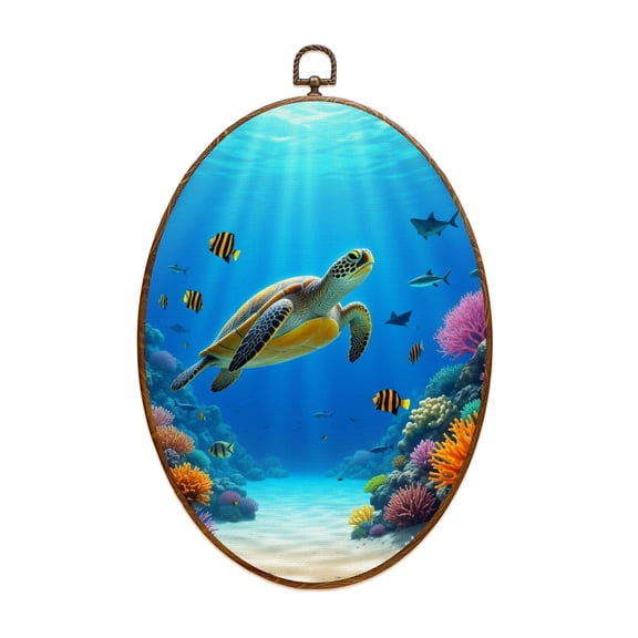 Oval Framed Wall Art Ocean Coral Reefs Sea Turtle Tropical Fish Water Sunlight Painting Canvas Wall Art Oval Vintage Wall Decor Prints Hanging Decor for Home Bedroom Living Room Office 8"x11.4"