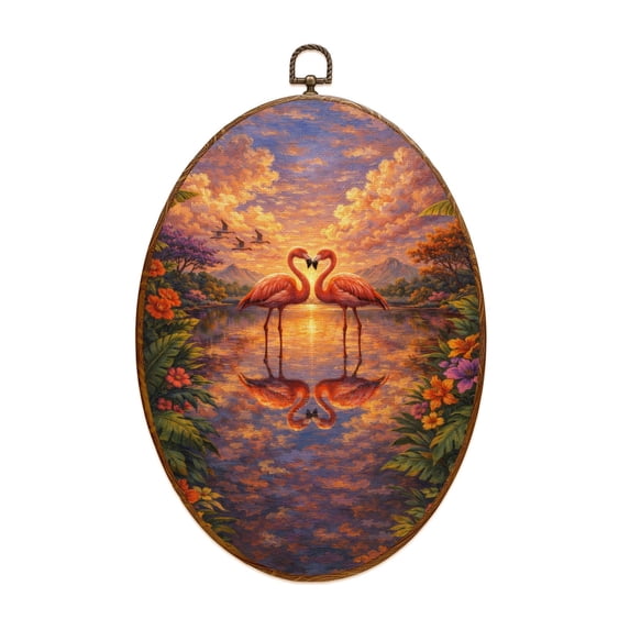 Oval Framed Wall Art Pair Sunset Lake Mirror Reflection Tropical Flowers Dramatic Sky Canvas Wall Art Oval Vintage Wall Decor Prints Hanging Decor for Home Bedroom Living Room Office 8"x11.4"