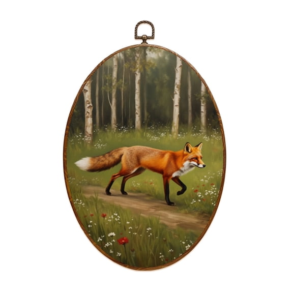 Oval Framed Wall Art Red Fox Walking Sunlit Forest Meadow Painterly Nature Canvas Wall Art Oval Vintage Wall Decor Prints Hanging Decor for Home Bedroom Living Room Office 8"x11.4"