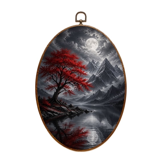 Oval Framed Wall Art Scarlet Tree Red Mountains Canvas Wall Art Oval Vintage Wall Decor Prints Hanging Decor for Home Bedroom Living Room Office 8"x11.4"
