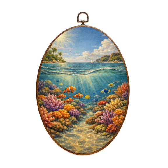 Oval Framed Wall Art Vibrant Coral Underwater Scene Tropical Fish Split Ocean View Sunlit Canvas Wall Art Oval Vintage Wall Decor Prints Hanging Decor for Home Bedroom Living Room Office 8"x11.4"