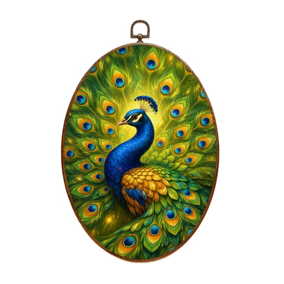 Oval Framed Wall Art Vibrant Peacock Radiant Multicolor Feathers Golden Glow Canvas Wall Art Oval Vintage Wall Decor Prints Hanging Decor for Home Bedroom Living Room Office 8"x11.4"
