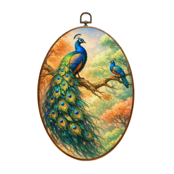 Oval Framed Wall Art Vibrant Peacocks Perched Branches Colorful Feathers Forest Canvas Wall Art Oval Vintage Wall Decor Prints Hanging Decor for Home Bedroom Living Room Office 8"x11.4"