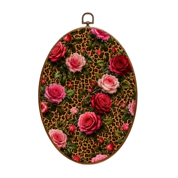 Oval Framed Wall Art Vibrant Rose Leopard Print Canvas Wall Art Oval Vintage Wall Decor Prints Hanging Decor for Home Bedroom Living Room Office 8"x11.4"