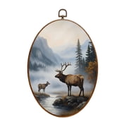 Oval Framed Wall Art Vintage Deer Forest Animal Mountain Lake Misty Wildlife River Canvas Wall Art Oval Vintage Wall Decor Prints Hanging Decor for Home Bedroom Living Room Office 8x11.4
