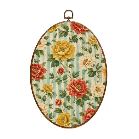 Oval Framed Wall Art Vintage Floral Peony Flowers Striped Canvas Wall Art Oval Vintage Wall Decor Prints Hanging Decor for Home Bedroom Living Room Office 8"x11.4"