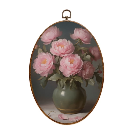 Oval Framed Wall Art Vintage Pink Peonies Floral Rustic Cottagecore Moody Botanical Flower Canvas Wall Art Oval Vintage Wall Decor Prints Hanging Decor for Home Bedroom Living Room Office 8"x11.4"