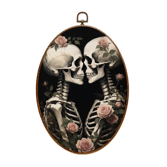 Oval Framed Wall Art Vintage Skeleton Gothic Painting Retro Rose Skull Art Abstract Canvas Wall Art Oval Vintage Wall Decor Prints Hanging Decor for Home Bedroom Living Room Office 8"x11.4"