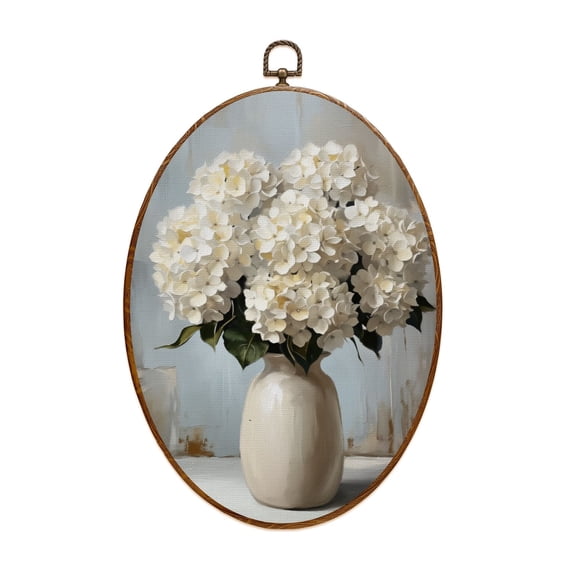 Oval Framed Wall Art White Hydrangea Floral Farmhouse White Hydrangea Flowers Ceramic Vase Canvas Wall Art Oval Vintage Wall Decor Prints Hanging Decor for Home Bedroom Living Room Office 8"x11.4"