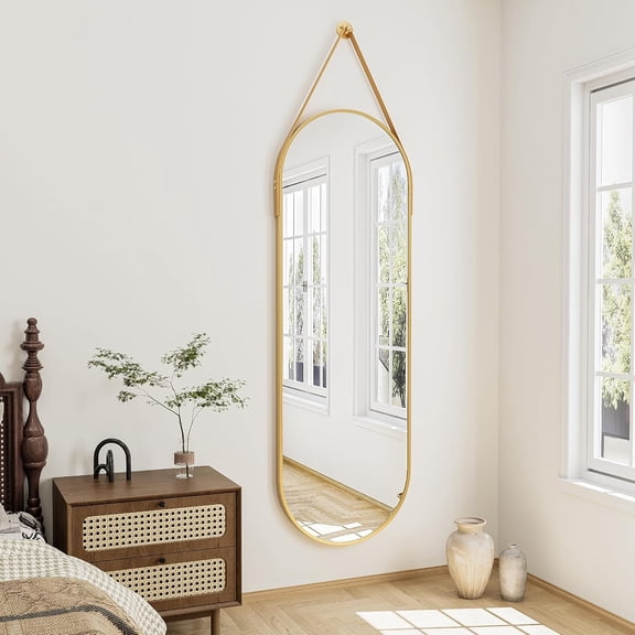 48"L x 16"W Oval Full-Length Hanging Mirror with Leather Strap and Aluminum Frame in Gold
