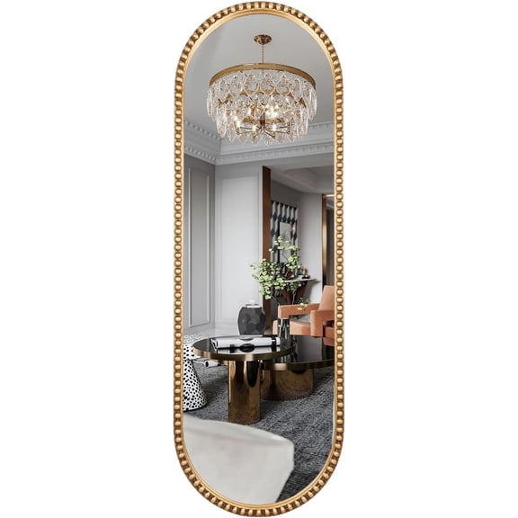 Oval Full Length Mirror, 16"x47" Beaded Frame Large Dressing Floor Mirror for , Room, Entryway, Antique (No Stand)