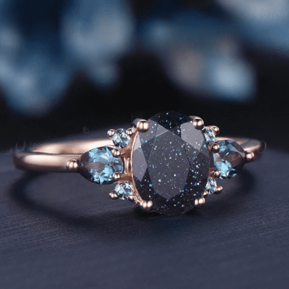 Oval Galaxy Blue Sandstone Alexandrite Ring Rose Gold Three Stone Engagement Ring Vintage Wedding Bridal Promise Anniversary Gift For Women