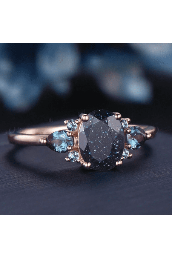 Oval Galaxy Blue Sandstone Alexandrite Ring Rose Gold Three Stone Engagement Ring Vintage Wedding Bridal Promise Anniversary Gift For Women
