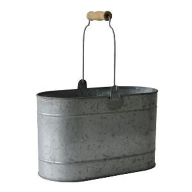 Oval Silver Galvanized Metal Bucket with Wood Handle Grip