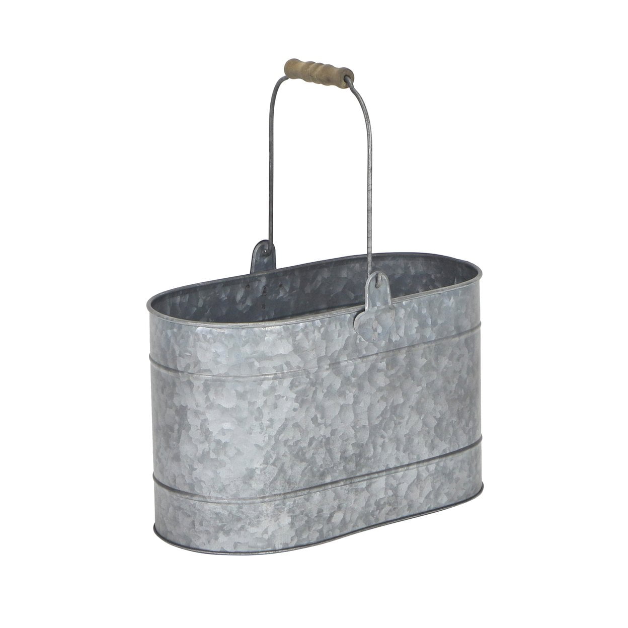 Oval Silver Galvanized Metal Bucket with Wood Handle Grip