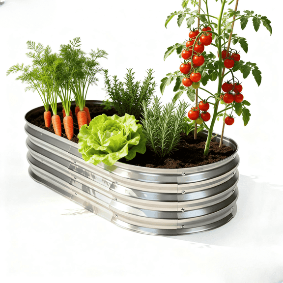 Oval Galvanized Metal Raised Garden Bed Kit, Metal Planter Box with Safe Rubber Edging for Vegetables, Flowers & Herbs, Durable Outdoor Raised Planter for Patio, Yard, Lawn and Gardening, 4*2*1ft