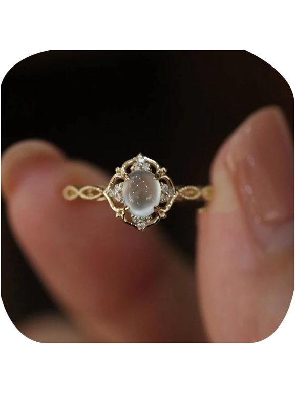 Oval Gemstone Statement Halo Ring for Women Moonstone Ring Moon Phase Ring Cubic Zirconia Wedding Engagement Band Finger Minimalist Open Adjustable Ring Her