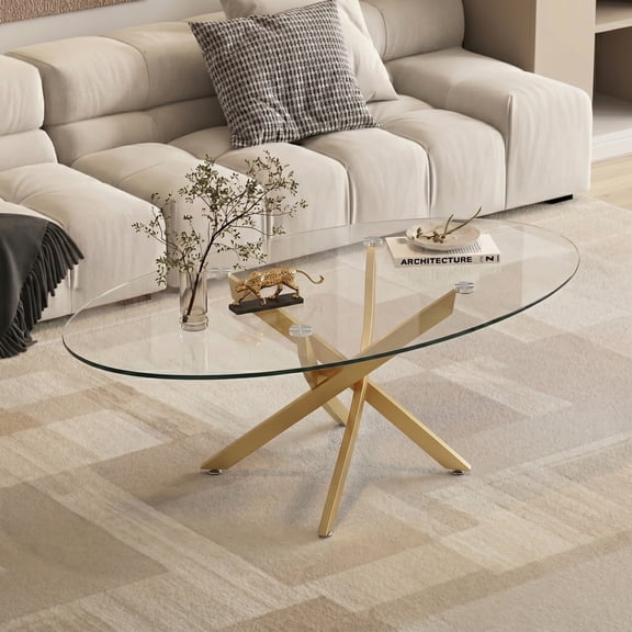 Oval Glass Coffee Table 39.37" with Black Metal Legs, Modern Tea Table for Living Room