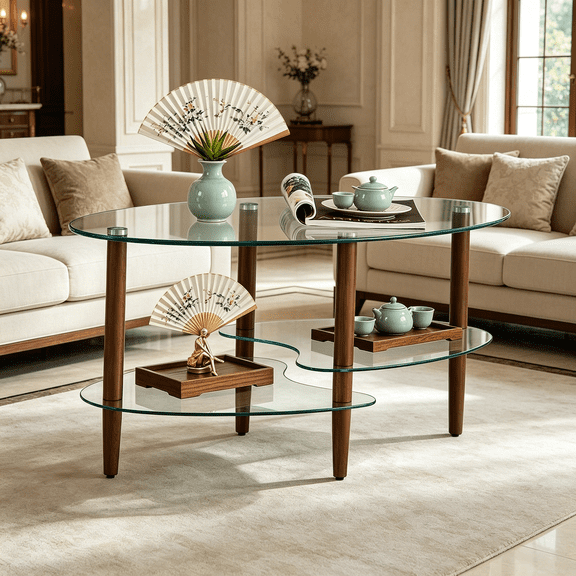 Oval Glass Coffee Table, Glass Tabletop Cocktail Table with Oak Wood Legs, 3-Tier Storage Shelf Modern Tea Coffee Table Side Center Table for Living Room Furniture, Transparent Top