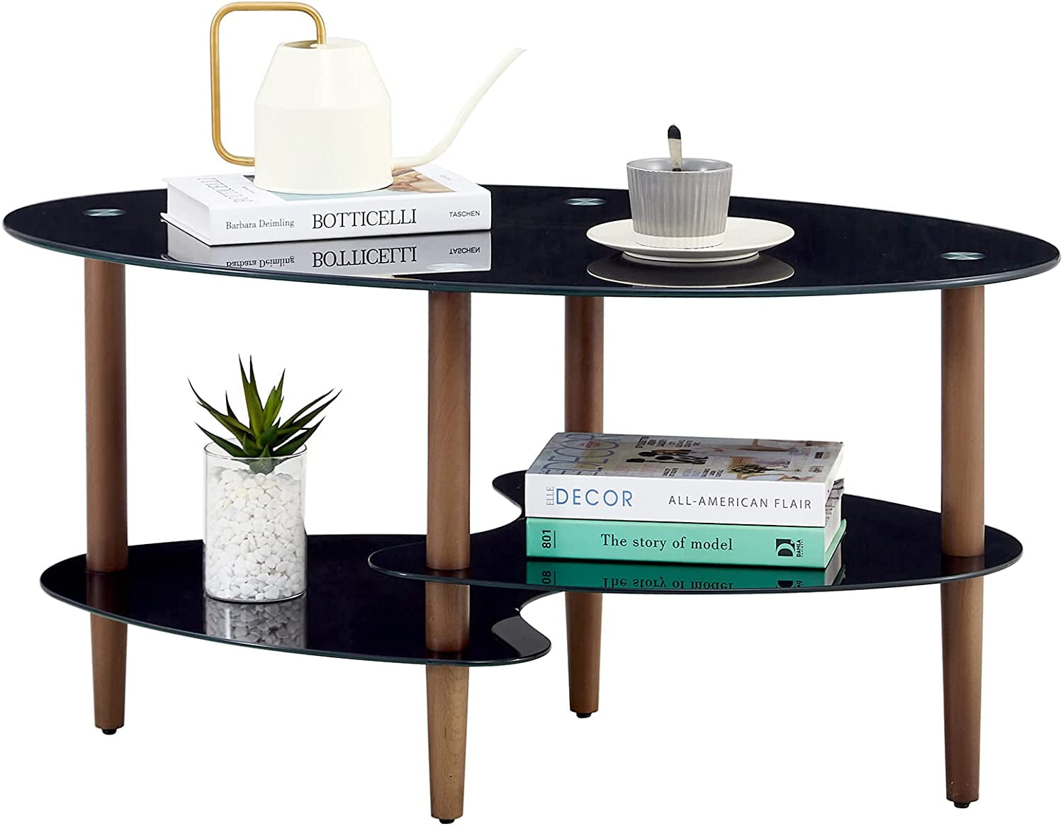 Oval Glass Coffee Table Glass Tabletop Cocktail Table with Oak Wood ...